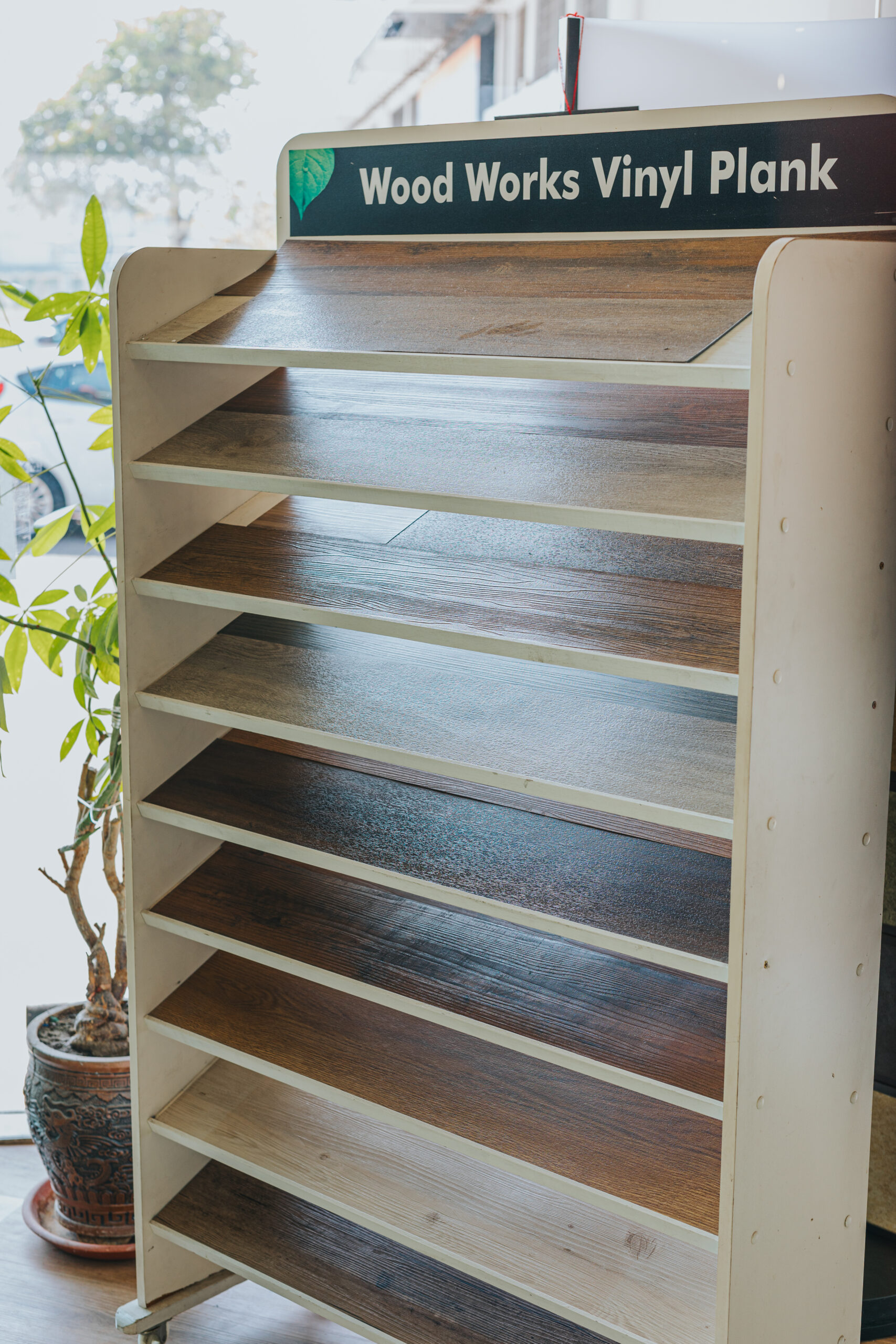 Premium SPC and Vinyl flooring samples display at Win Seng Sabah